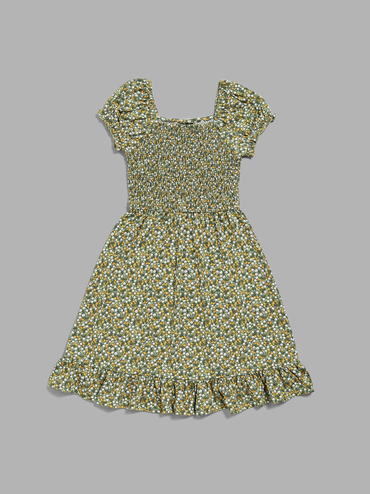 Y&F Kids Olive Ditsy Floral Printed Smocked Dress