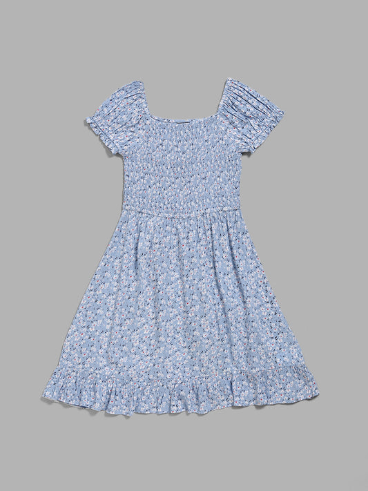 Y&F Kids Light Blue Ditsy Floral Printed Smocked Dress