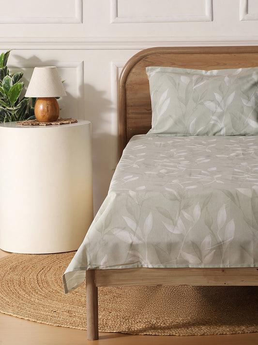 Westside Home Mint Leaf Printed Single Bed Flat sheet and Pillowcase Set