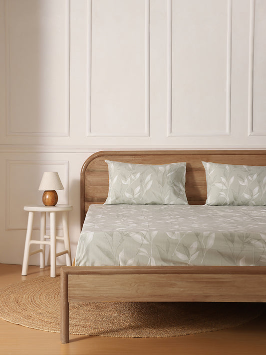 Westside Home Mint Thin Leaf Printed King Bed Flat sheet and Pillowcase Set