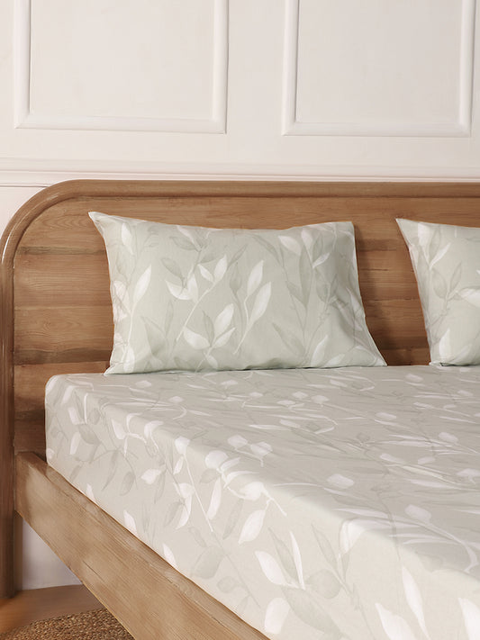 Westside Home Mint Thin Leaf Printed King Bed Flat sheet and Pillowcase Set