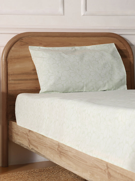 Westside Home Mint Woodcut Floral Printed Single Bed Flat sheet and Pillowcase Set