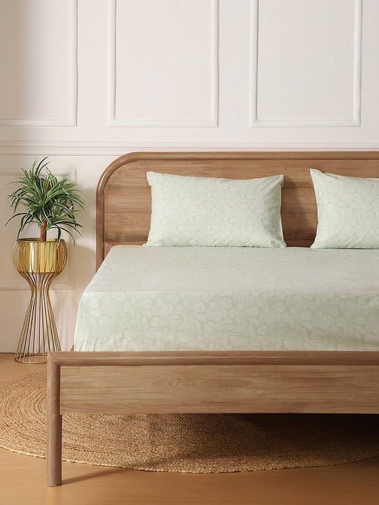 Westside Home Mint Woodcut Floral Printed King Bed Flat sheet and Pillowcase Set
