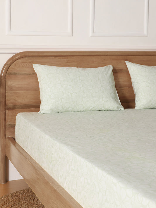 Westside Home Mint Woodcut Floral Printed King Bed Flat sheet and Pillowcase Set