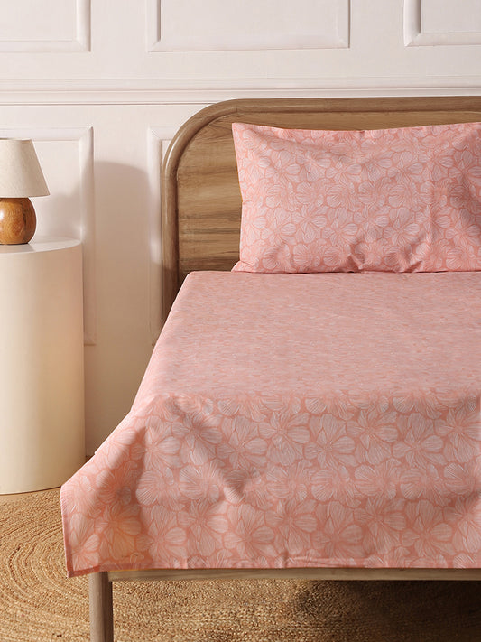 Westside Home Peach Woodcut Floral Printed Single Bed Flat sheet and Pillowcase Set