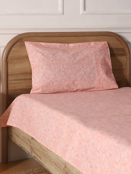 Westside Home Peach Woodcut Floral Printed Single Bed Flat sheet and Pillowcase Set