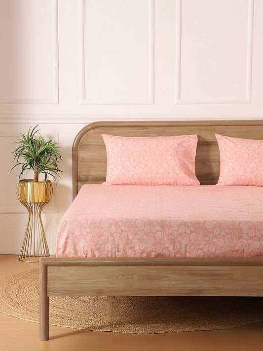 Westside Home Woodcut Floral Printed Coral King Bed Flat sheet and Pillowcase Set
