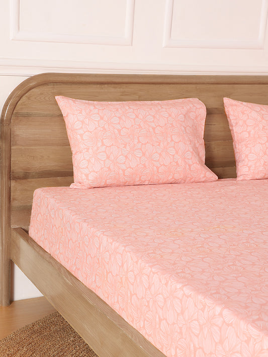 Westside Home Woodcut Floral Printed Coral King Bed Flat sheet and Pillowcase Set