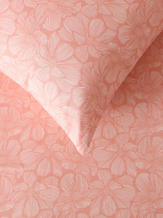Westside Home Woodcut Floral Printed Coral King Bed Flat sheet and Pillowcase Set