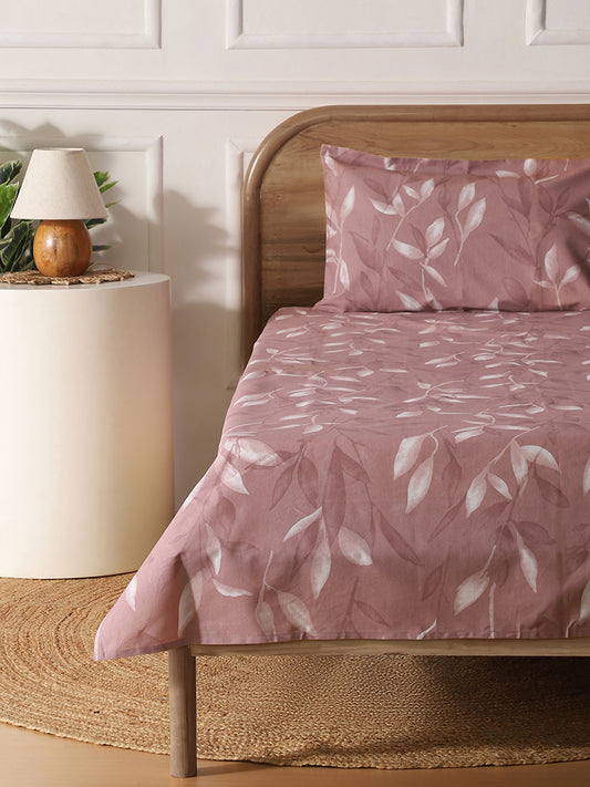 Westside Home Pink Leaf Printed Single Bed Flat sheet and Pillowcase Set