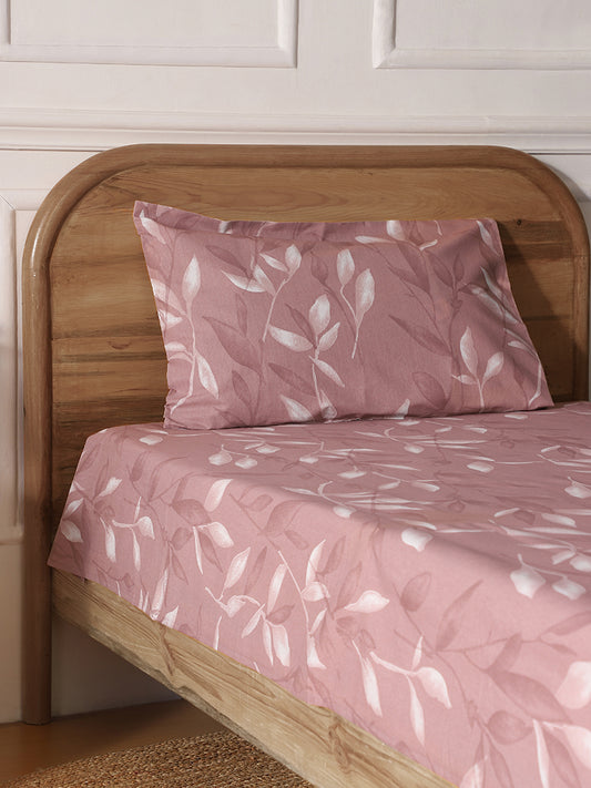 Westside Home Pink Leaf Printed Single Bed Flat sheet and Pillowcase Set