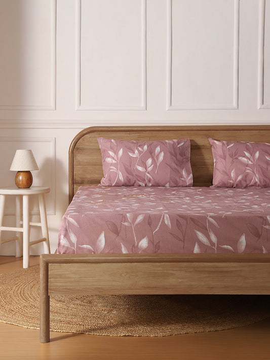 Westside Home Thin Leaf Printed Rose King Bed Flat sheet and Pillowcase Set