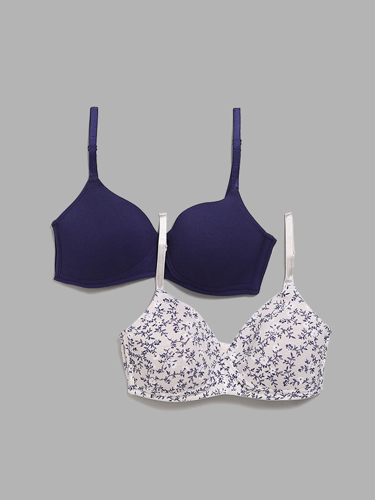 Wunderlove Navy and White Floral Printed Cotton Blend Padded Bra - Pack of 2