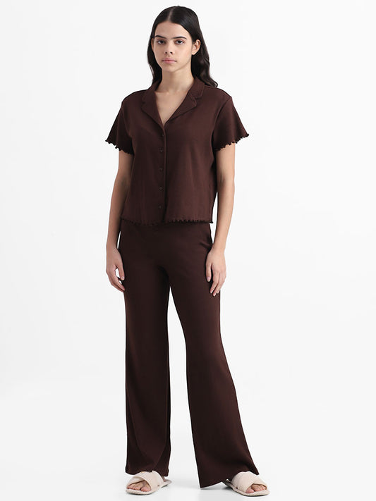 Superstar Dark Brown Ribbed High Rise Flared Trousers