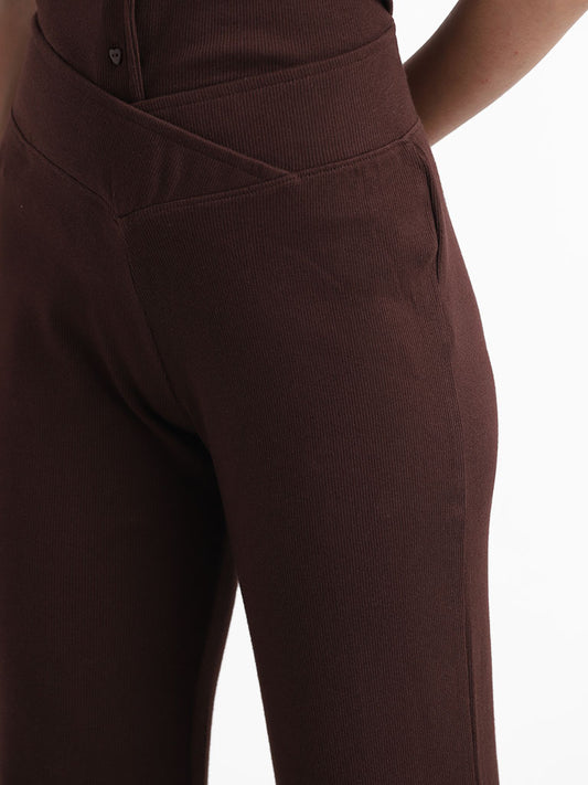 Superstar Dark Brown Ribbed High Rise Flared Trousers