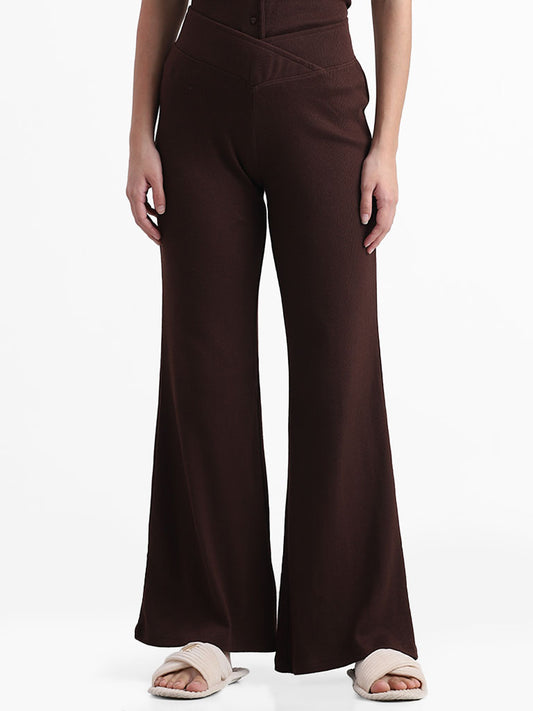 Superstar Dark Brown Ribbed High Rise Flared Trousers