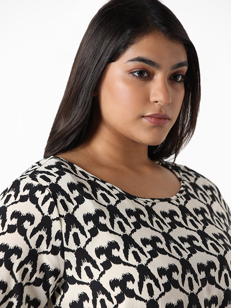 Gia Black and Beige Printed Relaxed Fit Blouse