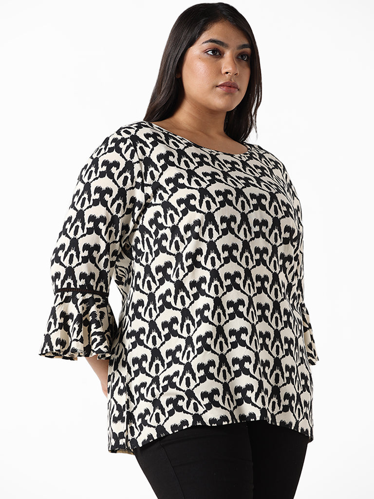 Gia Black and Beige Printed Relaxed Fit Blouse