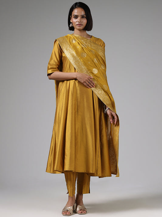 Vark Solid Mustard Anarkali Kurta, Palazzos and Brocade Dupatta