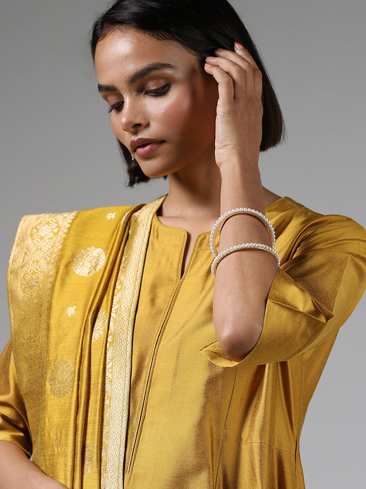 Vark Solid Mustard Anarkali Kurta, Palazzos and Brocade Dupatta