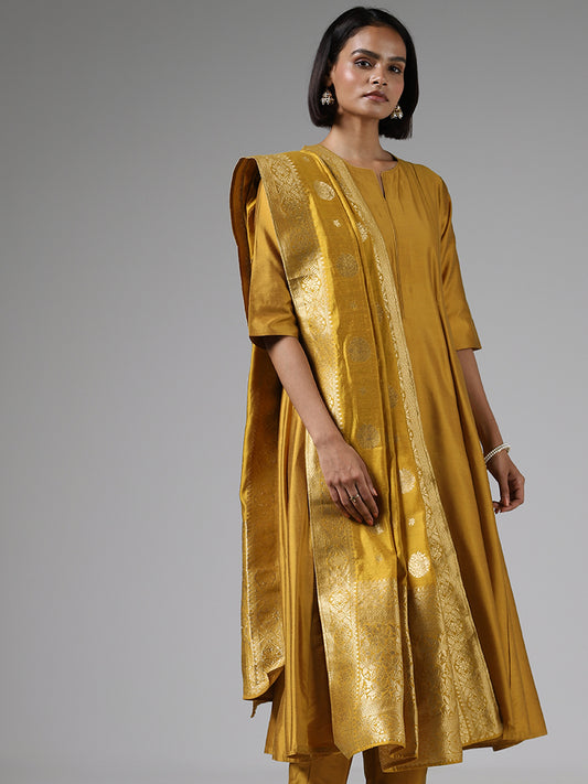 Vark Solid Mustard Anarkali Kurta, Palazzos and Brocade Dupatta