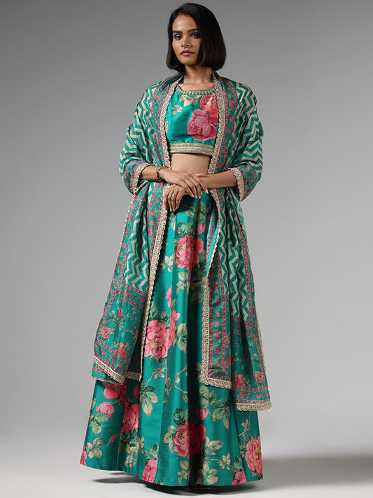 Vark Green Floral Printed Choli, Skirt & Dupatta Set