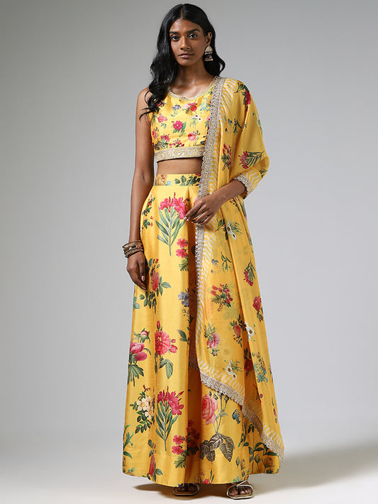 Vark Mustard Floral Printed Top, Skirt and Dupatta Set