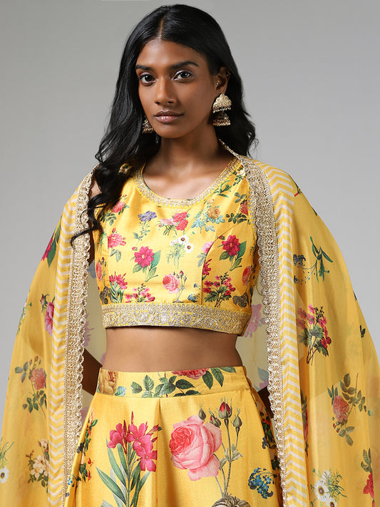 Vark Mustard Floral Printed Top, Skirt and Dupatta Set