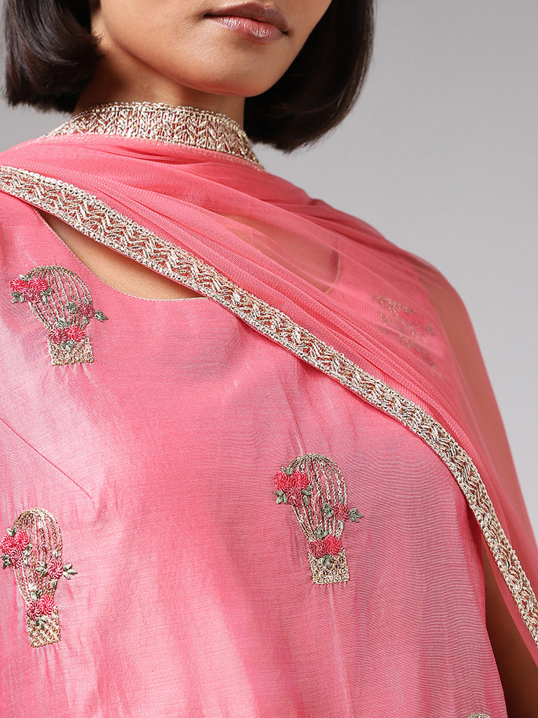 Vark Coral Sequin Embroidered Kurti, Sharara & Dupatta Set