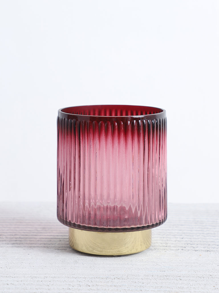 Westside Home Red Glass Ribbed Medium Candle Holder