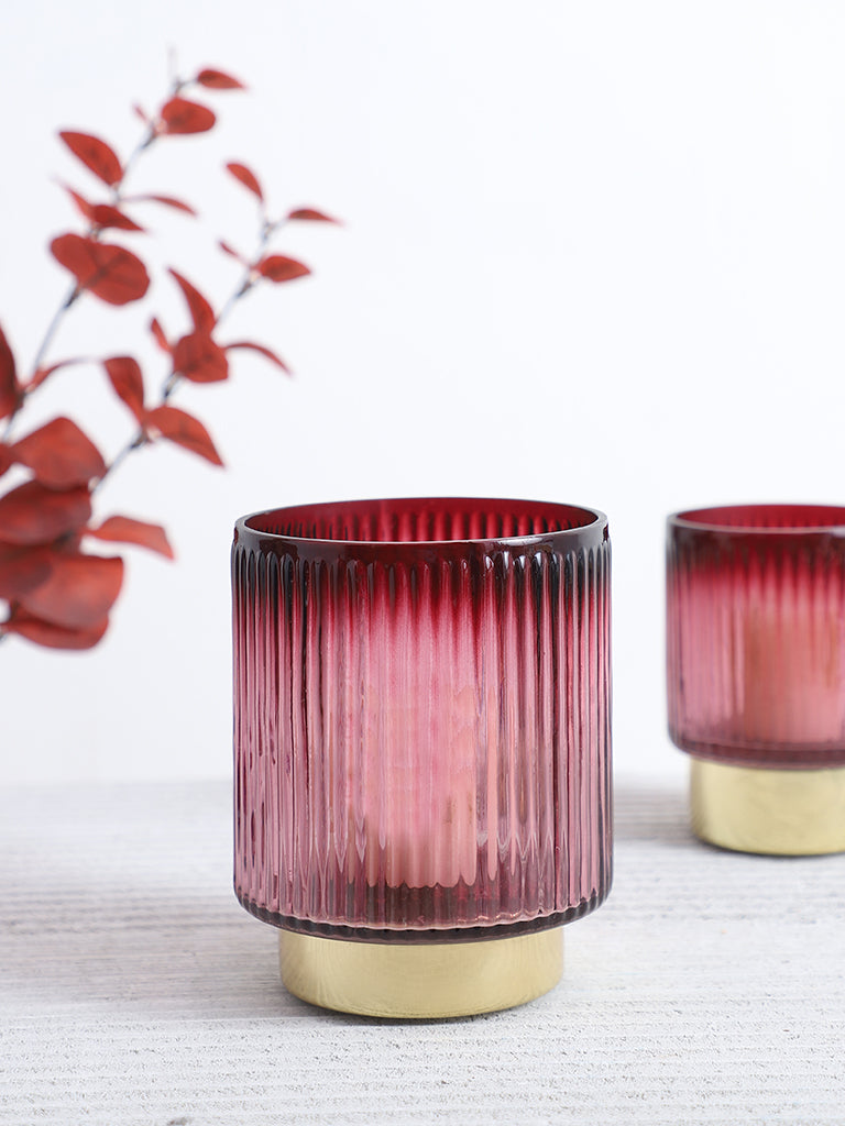 Westside Home Red Glass Ribbed Medium Candle Holder