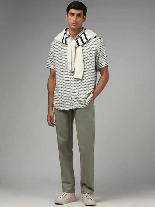 Ascot Sage Geometric Printed Relaxed Fit Blended Linen Shirt