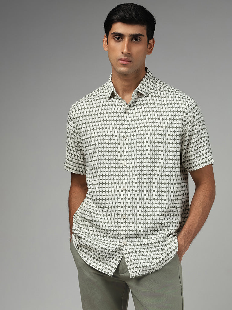 Ascot Sage Geometric Printed Relaxed Fit Blended Linen Shirt