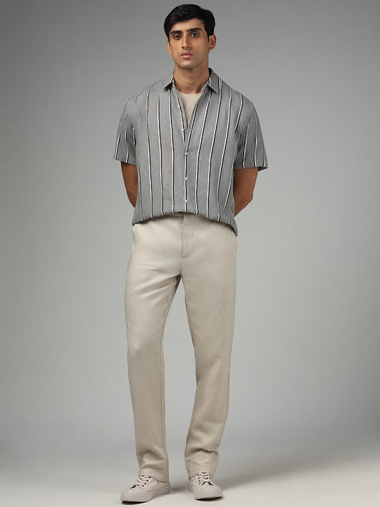 Ascot Grey Striped Relaxed Fit Blended Linen Shirt