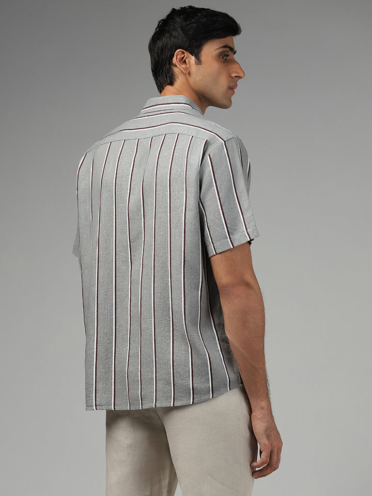 Ascot Grey Striped Relaxed Fit Blended Linen Shirt