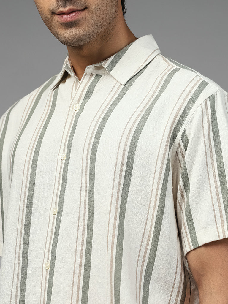 Ascot Striped Relaxed Fit Off White Blended Linen Shirt
