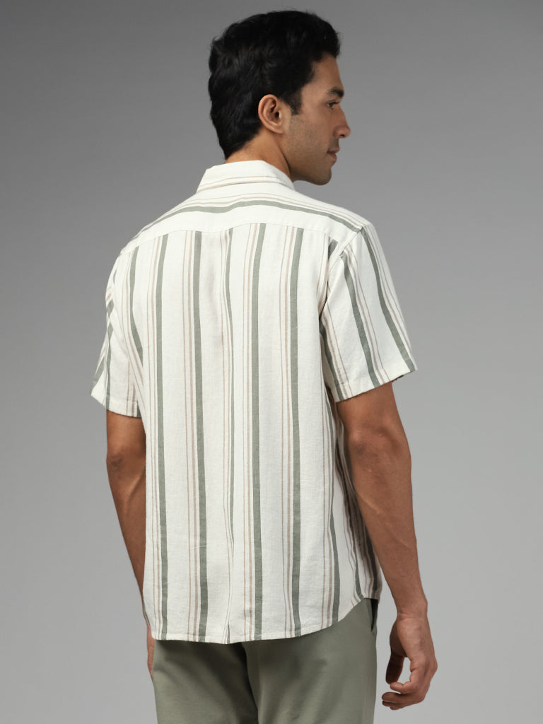 Ascot Striped Relaxed Fit Off White Blended Linen Shirt