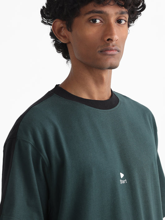 Studiofit Emerald Green Printed Cotton Relaxed-Fit T-Shirt