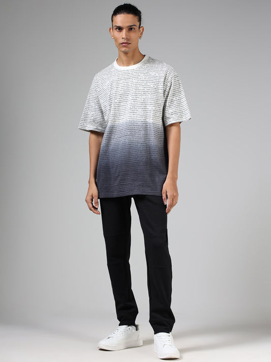 Studiofit Off White & Dark Grey Printed Cotton Relaxed Fit T-Shirt