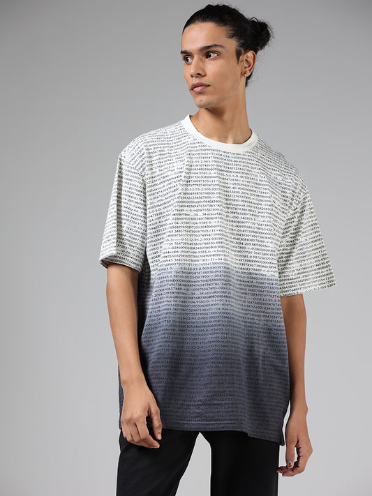 Studiofit Off White & Dark Grey Printed Relaxed Fit T-Shirt