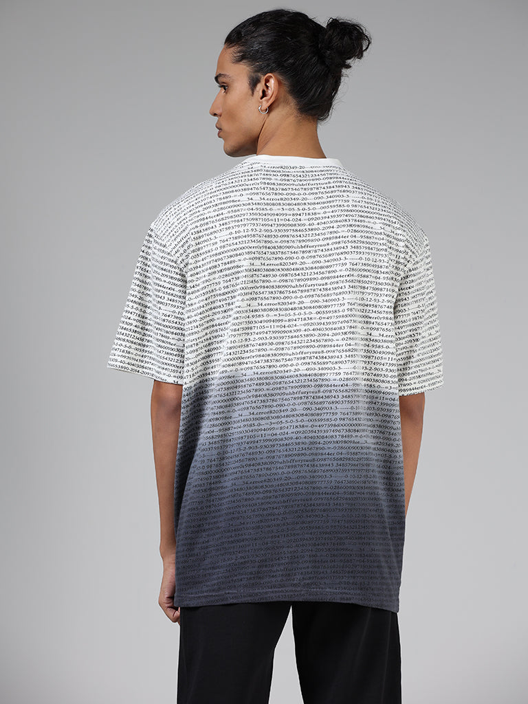 Studiofit Off White & Dark Grey Printed Relaxed Fit T-Shirt