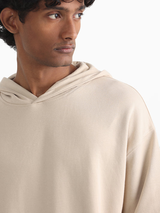 Studiofit Taupe Cotton Relaxed Fit Hoodie Sweatshirt