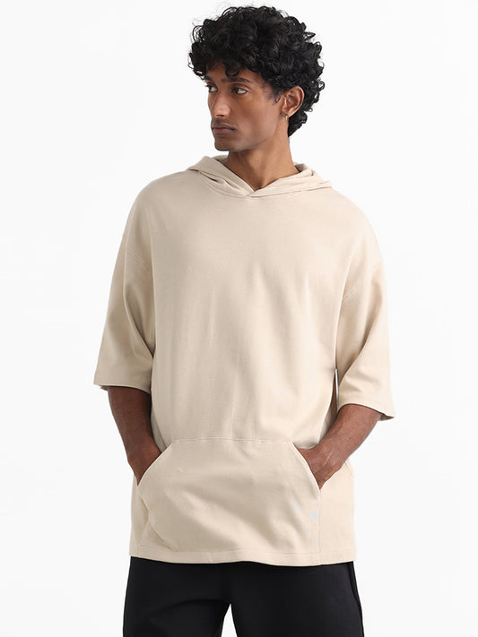 Studiofit Taupe Cotton Relaxed-Fit Hoodie Sweatshirt
