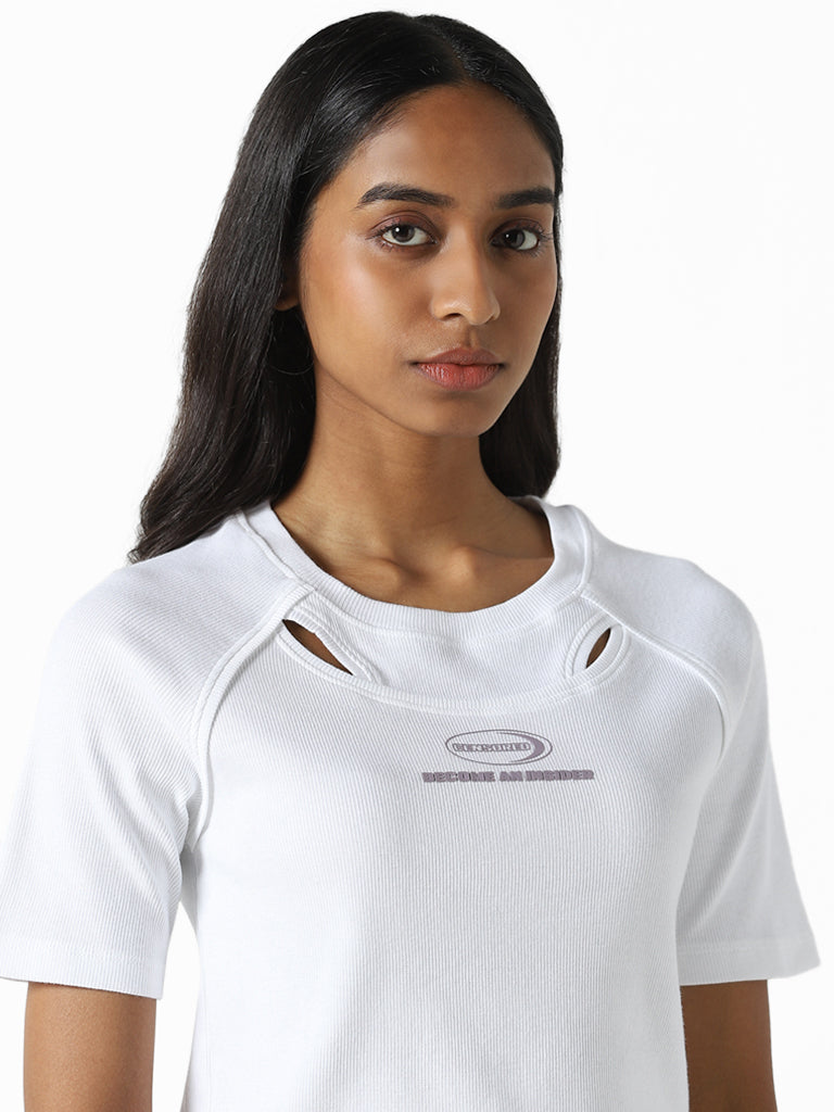 Studiofit Plain White Cut-Out Cotton Blend Crop T-Shirt