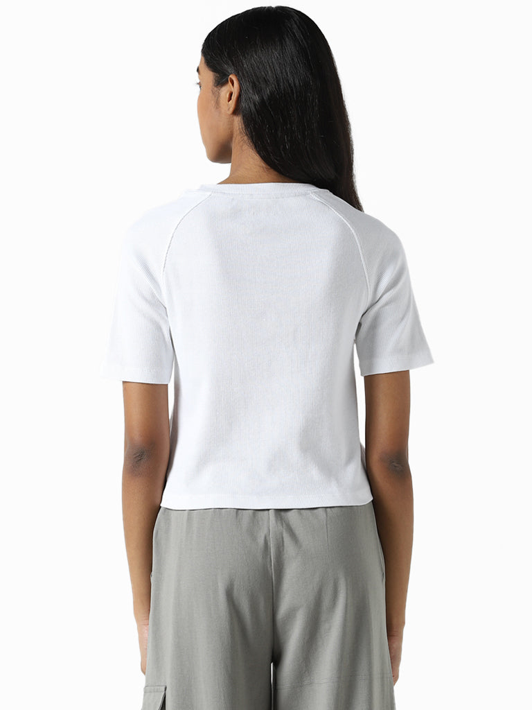 Studiofit Plain White Cut-Out Cotton Blend Crop T-Shirt