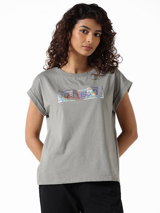 Studiofit Grey Printed Power Cotton T-Shirt