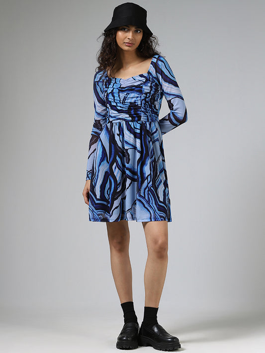 Nuon Blue Printed Fit & Flare Dress