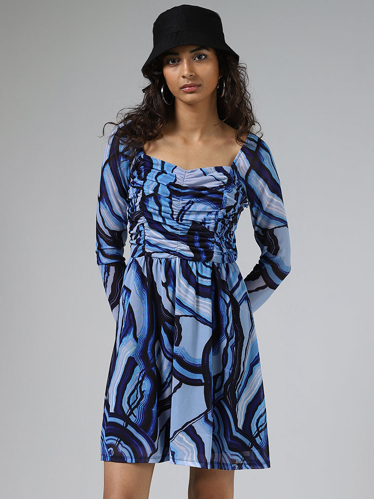 Nuon Blue Printed Fit & Flare Dress