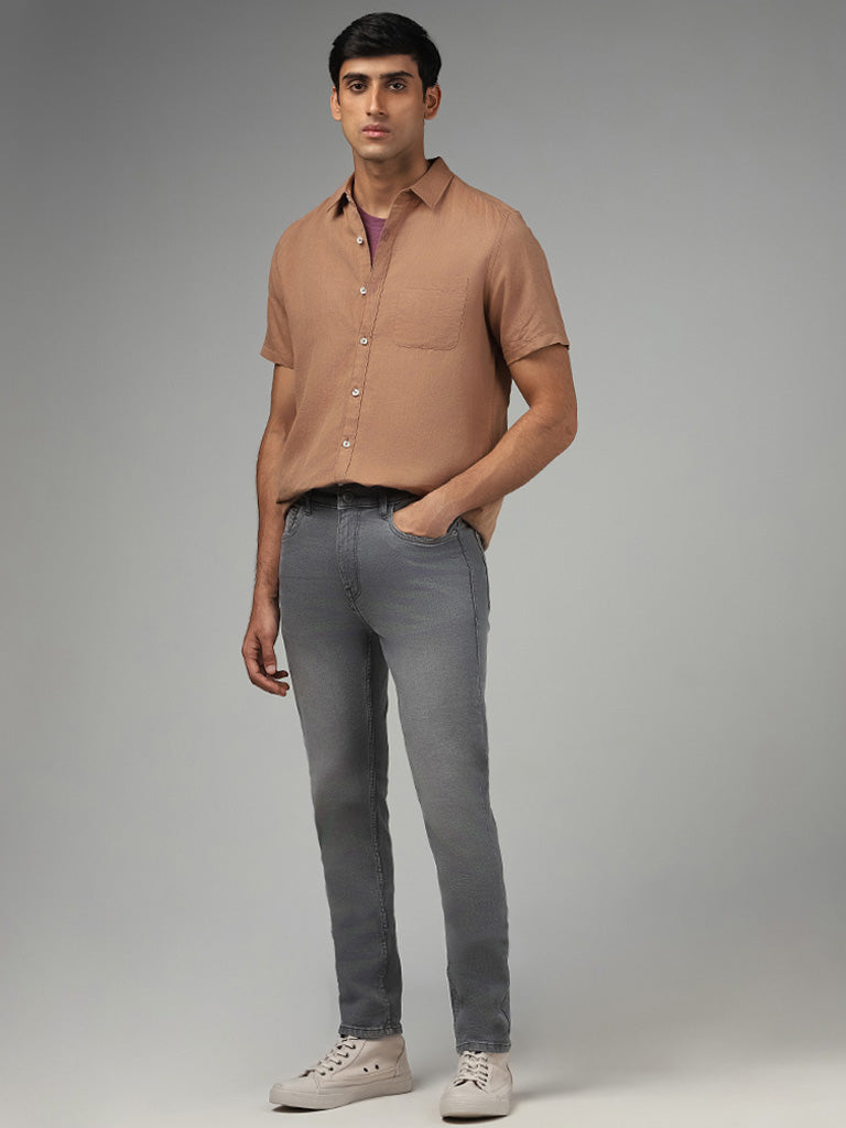WES Casuals Solid Brown Slim Fit Blended Linen Shirt