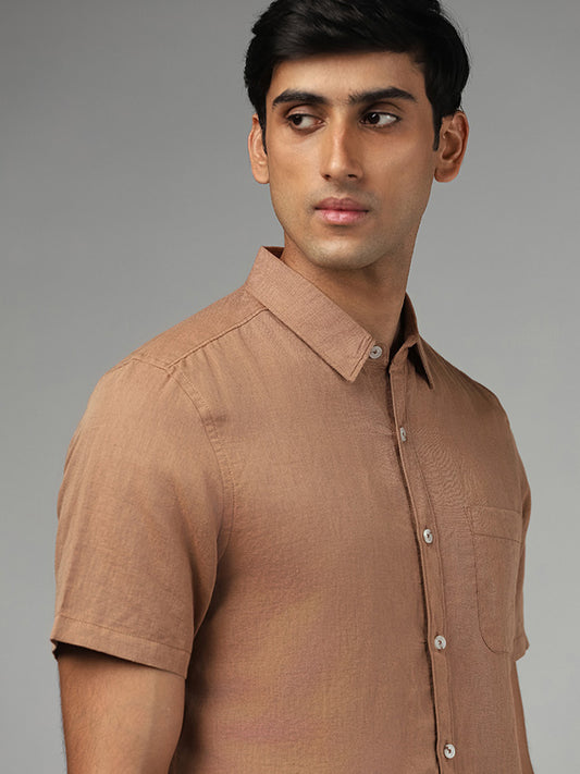 WES Casuals Solid Brown Slim-Fit Blended Linen Shirt